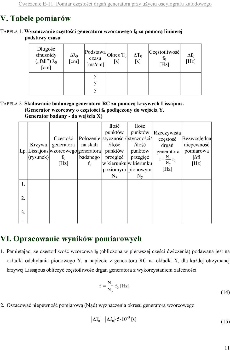 2. Skalowanie badanego generatora RC za pomocą krzywych Lissajous. (Generator wzorcowy o częstości 0 podłączony do wejścia Y. Generator badany - do wejścia X) Krzywa Lp. Lissajous (rysunek) 1. 2. 3.