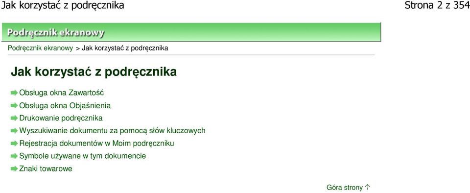 Objaśnienia Drukowanie podręcznika Wyszukiwanie dokumentu za pomocą słów kluczowych