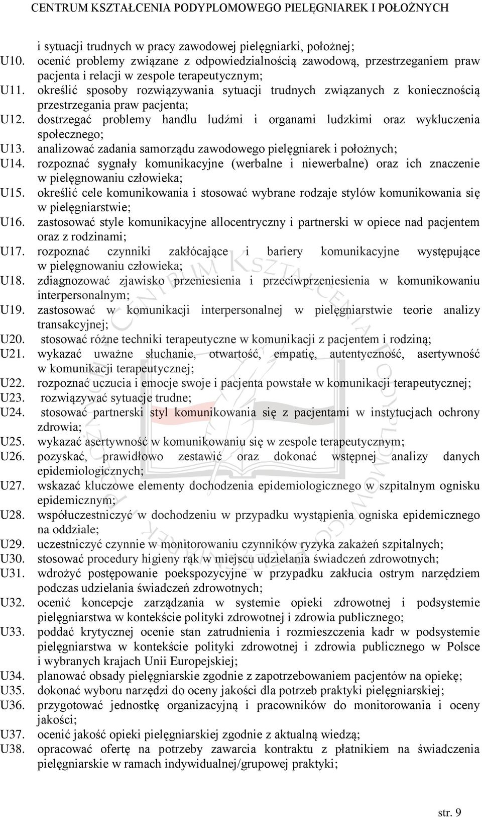 analizować zadania samorządu zawodowego pielęgniarek i położnych; U14. rozpoznać sygnały komunikacyjne (werbalne i niewerbalne) oraz ich znaczenie w pielęgnowaniu człowieka; U15.