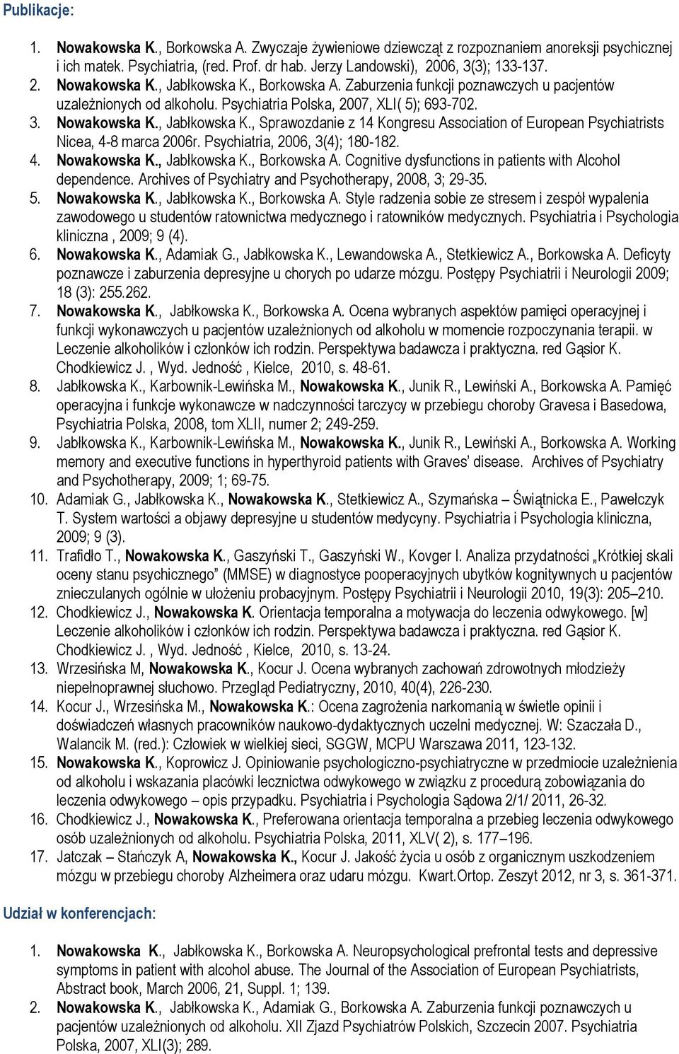 , Sprawozdanie z 14 Kongresu Association of European Psychiatrists Nicea, 4-8 marca 2006r. Psychiatria, 2006, 3(4); 180-182. 4. Nowakowska K., Jabłkowska K., Borkowska A.