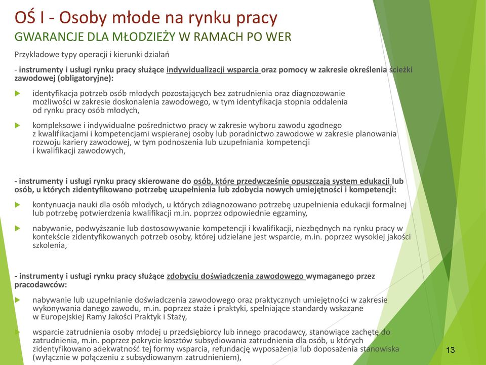 identyfikacja stopnia oddalenia od rynku pracy osób młodych, kompleksowe i indywidualne pośrednictwo pracy w zakresie wyboru zawodu zgodnego z kwalifikacjami i kompetencjami wspieranej osoby lub