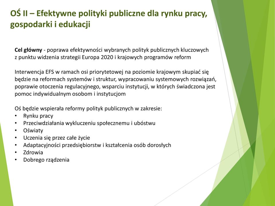 rozwiązań, poprawie otoczenia regulacyjnego, wsparciu instytucji, w których świadczona jest pomoc indywidualnym osobom i instytucjom Oś będzie wspierała reformy polityk publicznych w