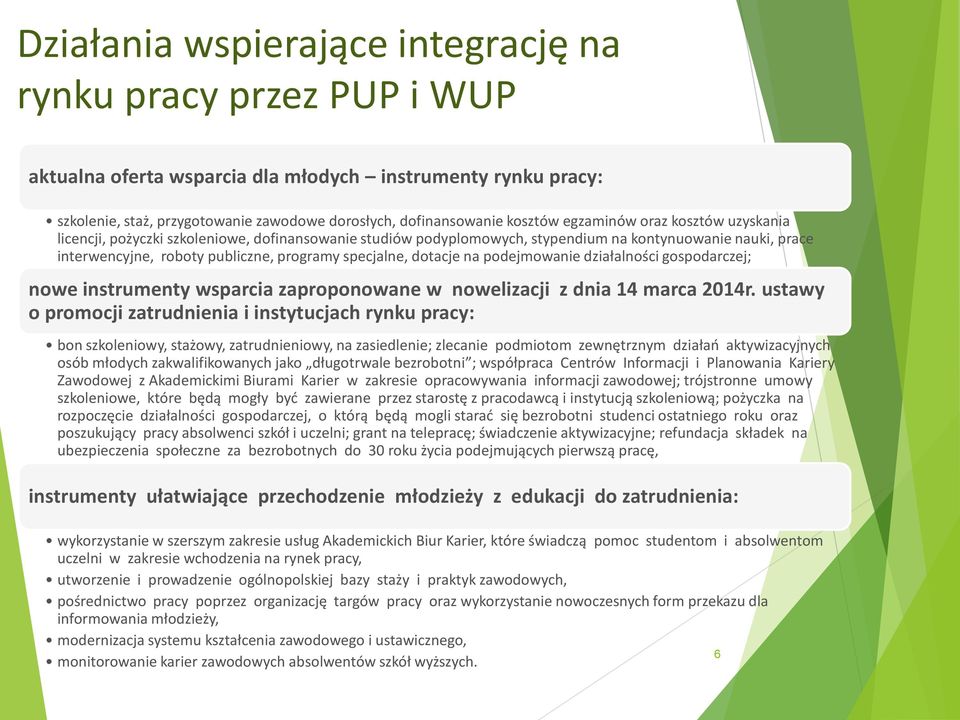 dotacje na podejmowanie działalności gospodarczej; nowe instrumenty wsparcia zaproponowane w nowelizacji z dnia 14 marca 2014r.