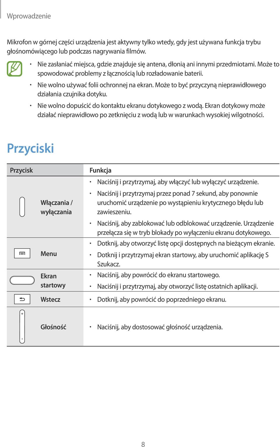 Może to być przyczyną nieprawidłowego działania czujnika dotyku. Nie wolno dopuścić do kontaktu ekranu dotykowego z wodą.