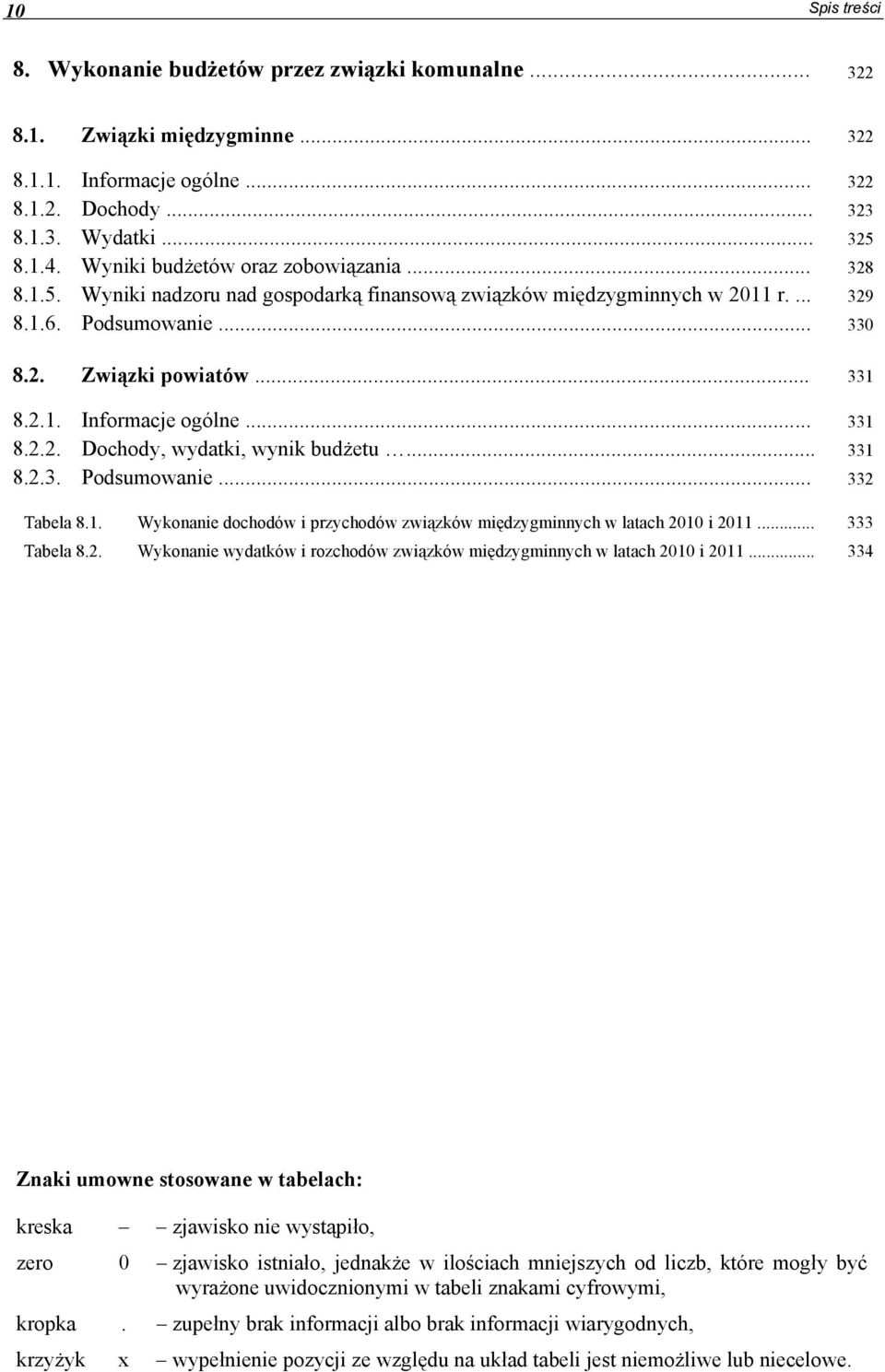 .. 331 8.2.2. Dochody, wydatki, wynik budżetu... 331 8.2.3. Podsumowanie... 332 Tabela 8.1. Wykonanie dochodów i przychodów związków międzygminnych w latach 2010 i 2011... 333 Tabela 8.2. Wykonanie wydatków i rozchodów związków międzygminnych w latach 2010 i 2011.