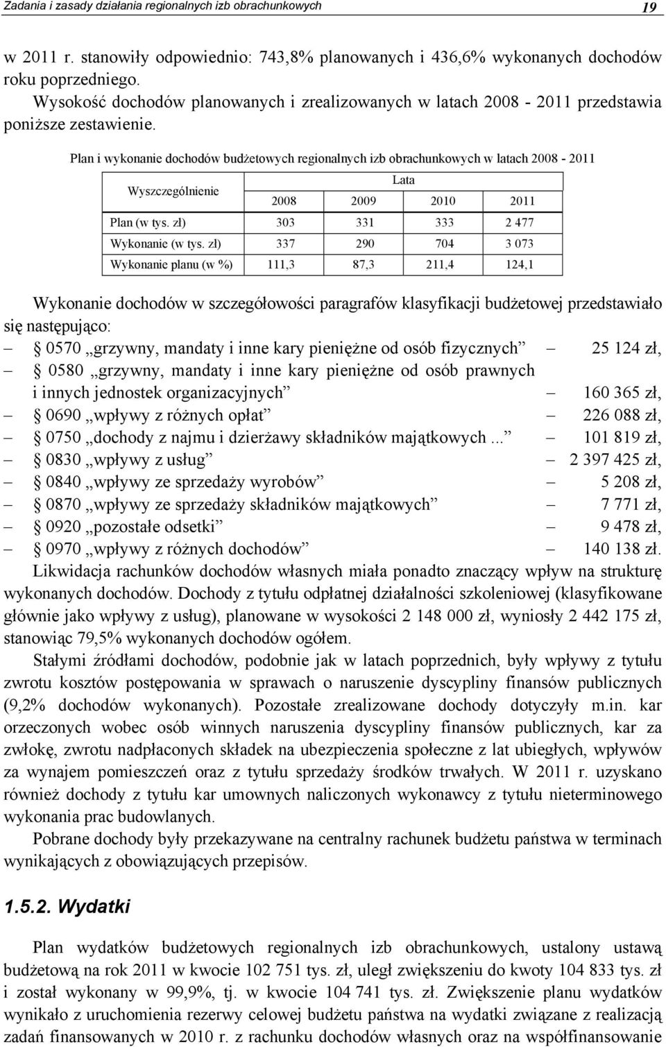 Plan i wykonanie dochodów budżetowych regionalnych izb obrachunkowych w latach 2008-2011 Wyszczególnienie Lata 2008 2009 2010 2011 Plan (w tys. zł) 303 331 333 2 477 Wykonanie (w tys.