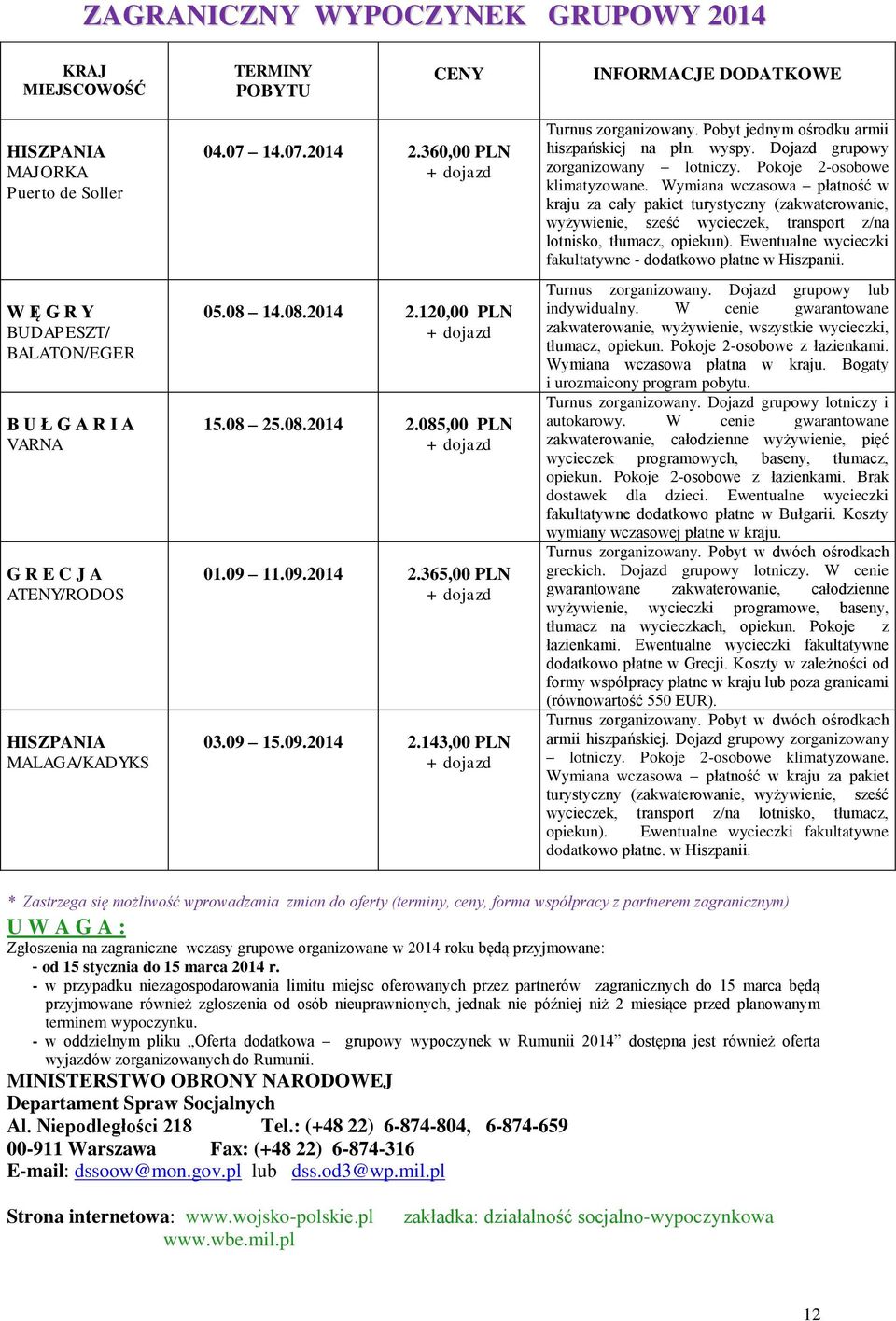 09 15.09.2014 2.143,00 PLN + dojazd Turnus zorganizowany. Pobyt jednym ośrodku armii hiszpańskiej na płn. wyspy. Dojazd grupowy zorganizowany lotniczy. Pokoje 2-osobowe klimatyzowane.