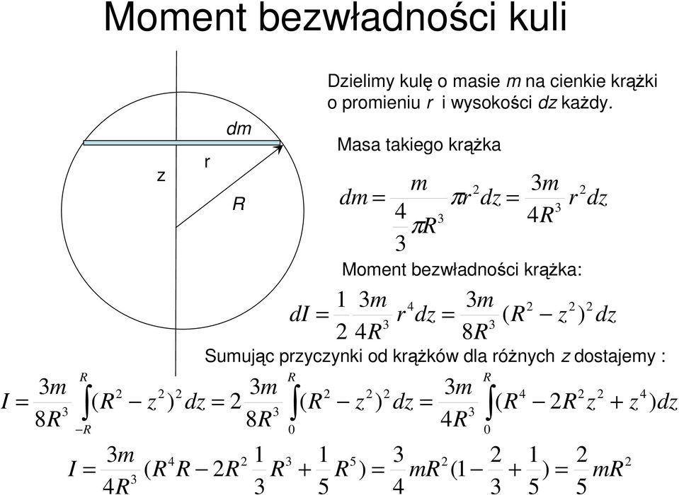 Masa takego krążka z r z r π π Moent bezwłanośc krążka: z z