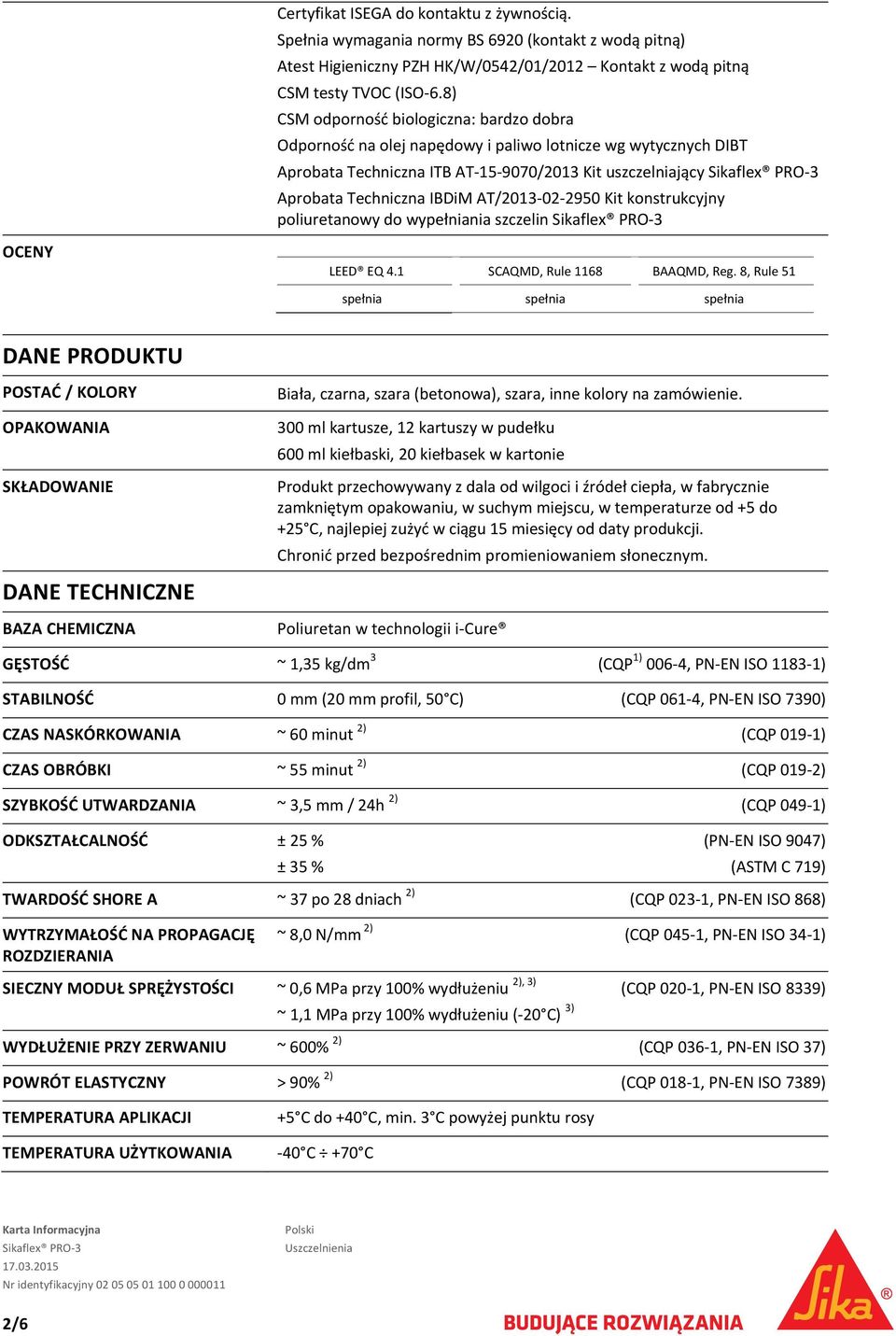 02 2950 Kit konstrukcyjny poliuretanowy do wypełniania szczelin OCENY LEED EQ 4.1 SCAQMD, Rule 1168 BAAQMD, Reg.