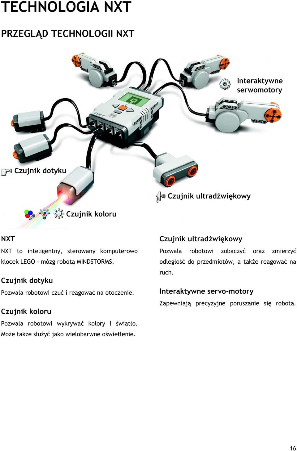 Czujnik koloru Pozwala robotowi wykrywać kolory i światło. Może także służyć jako wielobarwne oświetlenie.