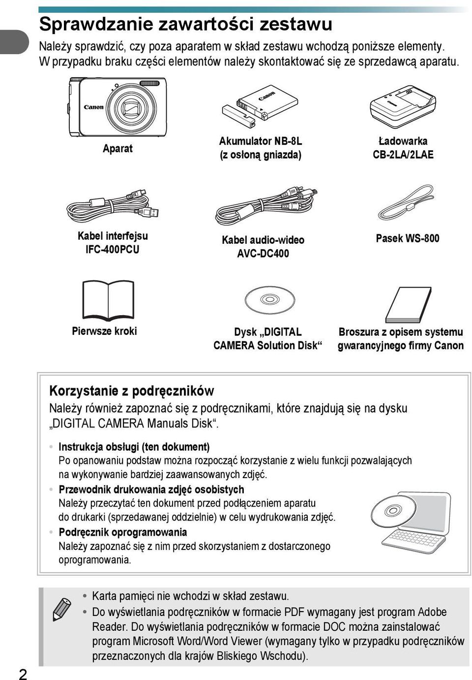 systemu gwarancyjnego firmy Canon Korzystanie z podręczników Należy również zapoznać się z podręcznikami, które znajdują się na dysku DIGITAL CAMERA Manuals Disk.