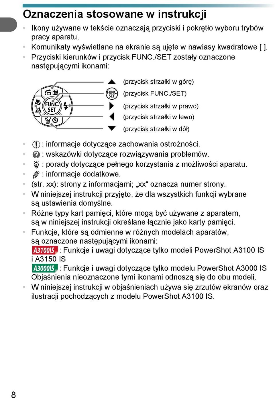 /SET) (przycisk strzałki w prawo) (przycisk strzałki w lewo) (przycisk strzałki w dół) : informacje dotyczące zachowania ostrożności. : wskazówki dotyczące rozwiązywania problemów.