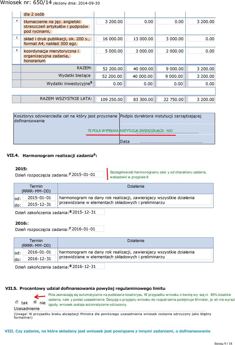 00 40 000.00 9 000.00 3 200.00 Wydatki inwestycyjne 5 0.00 0.00 0.00 0.00 RAZEM WSZYSTKIE LATA: 109 250.00 83 300.00 22 750.00 3 200.00 Kosztorys odzwierciedla cel na który jest przyznane dofinansowanie Podpis dyrektora instytucji zarządzającej Data VII.