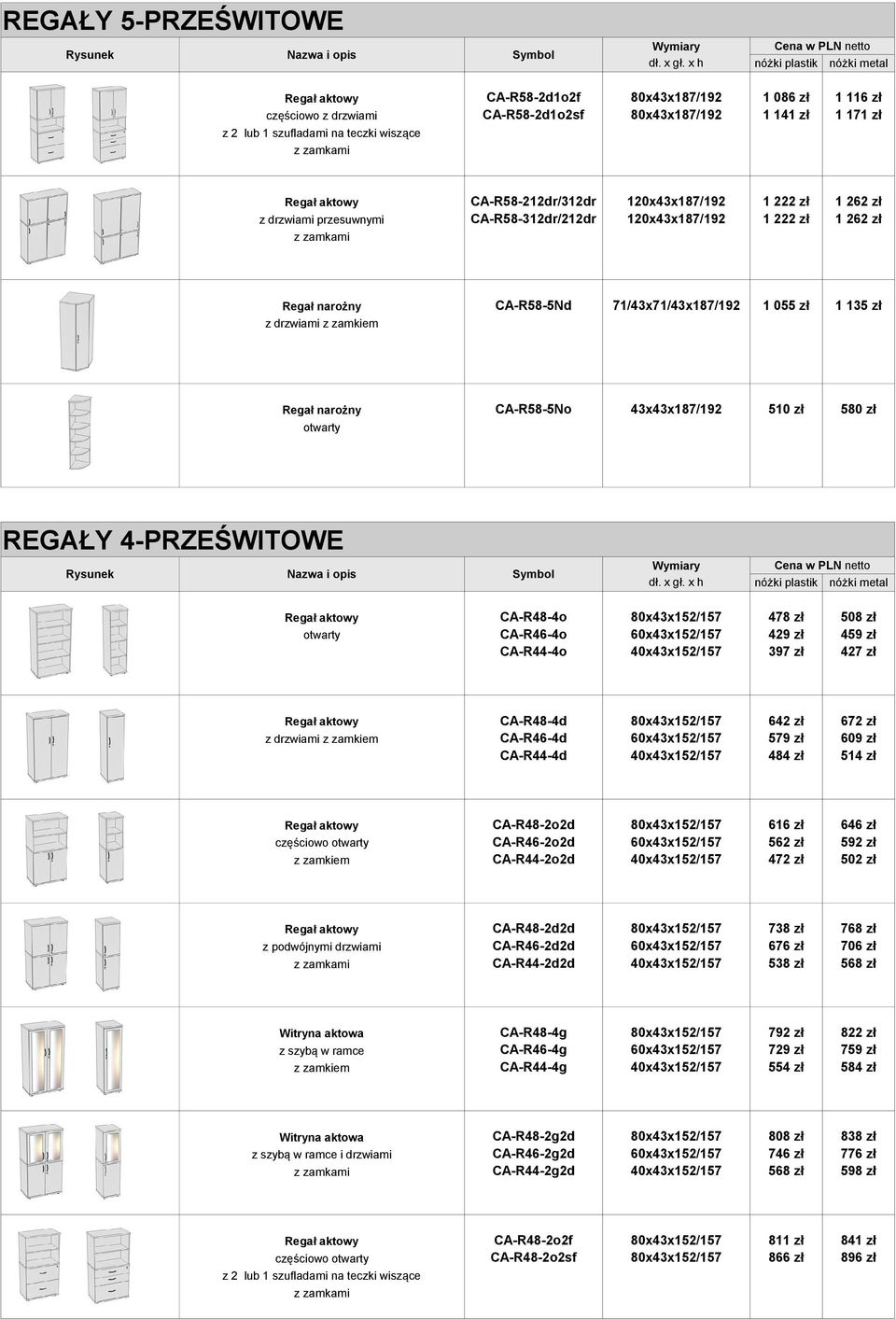 4-PRZEŚWITOWE Regał aktowy CA-R48-4o 80x43x152/157 478 zł 508 zł CA-R46-4o 60x43x152/157 429 zł 459 zł CA-R44-4o 40x43x152/157 397 zł 427 zł Regał aktowy CA-R48-4d 80x43x152/157 642 zł 672 zł