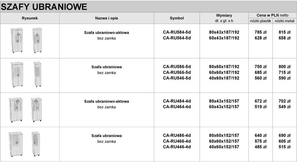 560 zł 590 zł Szafa ubraniowo-aktowa CA-RU484-4d 80x43x152/157 672 zł 702 zł bez zamka CA-RU464-4d 60x43x152/157 519 zł 549 zł Szafa