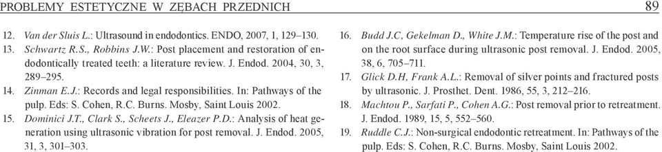 , Scheets J., Eleazer P.D. : Analysis of heat generation using ultrasonic vibration for post removal. J. Endod. 2005, 31, 3, 301 303. 16. Budd J.C, Gekelman D., White J.M.