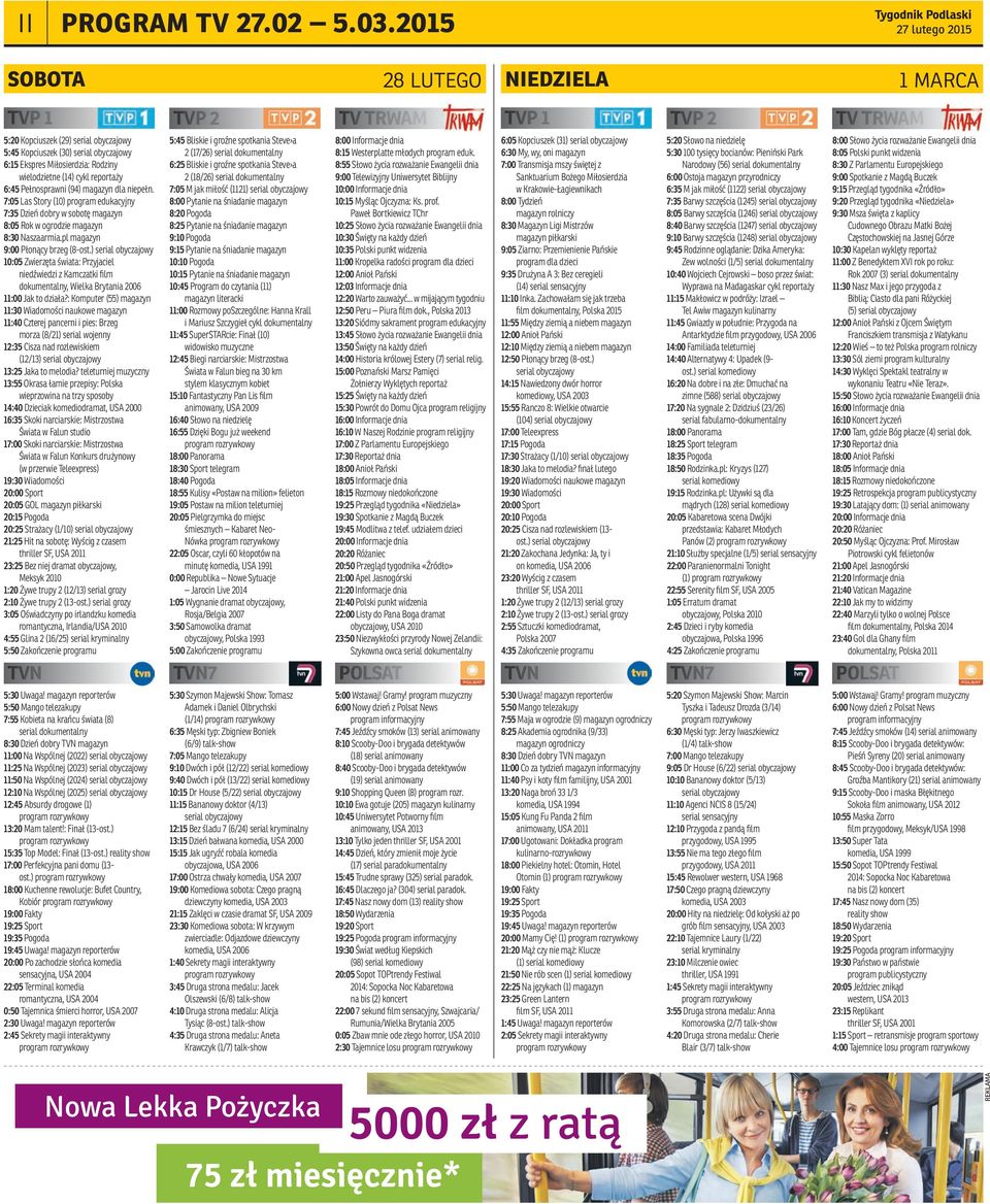 wielodzietne (14) cykl reportaży 6:45 Pełnosprawni (94) magazyn dla niepełn. 7:05 Las Story (10) program edukacyjny 7:35 Dzień dobry w sobotę magazyn 8:05 Rok w ogrodzie magazyn 8:30 Naszaarmia.