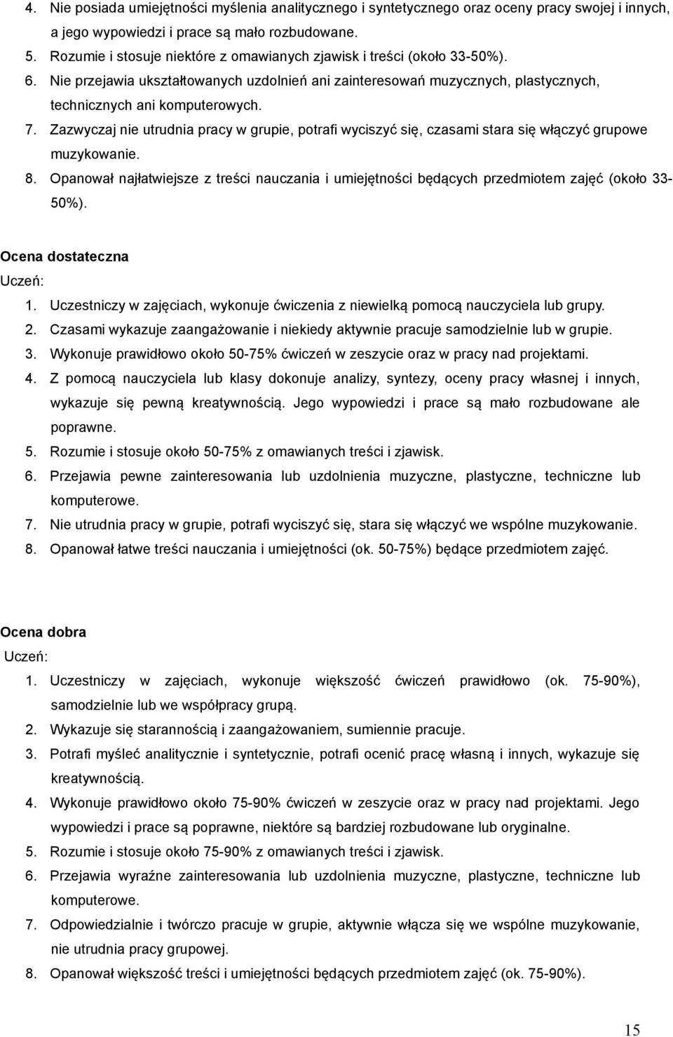 Zazwyczaj nie utrudnia pracy w grupie, potrafi wyciszyć się, czasami stara się włączyć grupowe muzykowanie. 8.