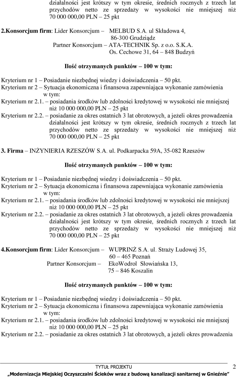 Cechowe 31, 64 848 Budzyń 3. Firma INŻYNIERIA RZESZÓW S.A. ul.