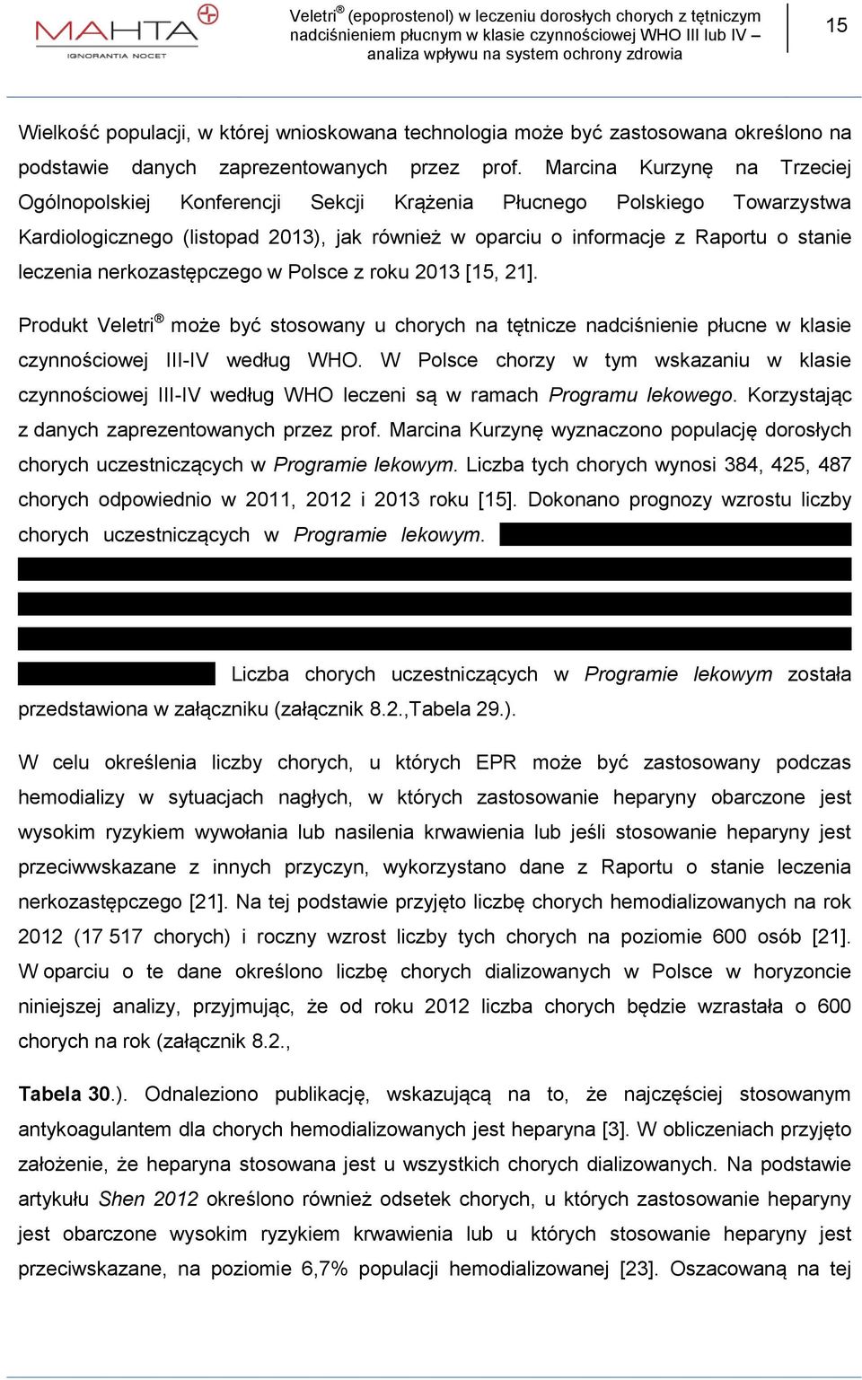 nerkozastępczego w Polsce z roku 2013 [15, 21]. Produkt Veletri może być stosowany u chorych na tętnicze nadciśnienie płucne w klasie czynnościowej III-IV według WHO.