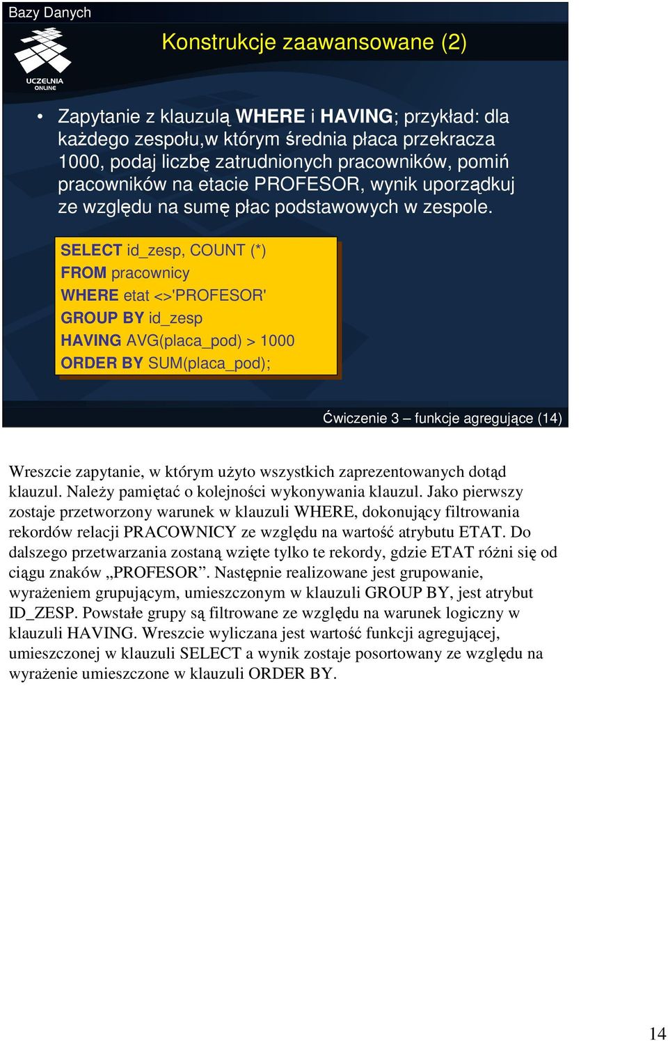 SELECT id_zesp, COUNT (*) (*) FROM pracownicy WHERE etat etat <>'PROFESOR' GROUP BY BY id_zesp HAVING AVG(placa_pod) > 1000 ORDER BY BYSUM(placa_pod); Ćwiczenie 3 funkcje agregujące (14) Wreszcie