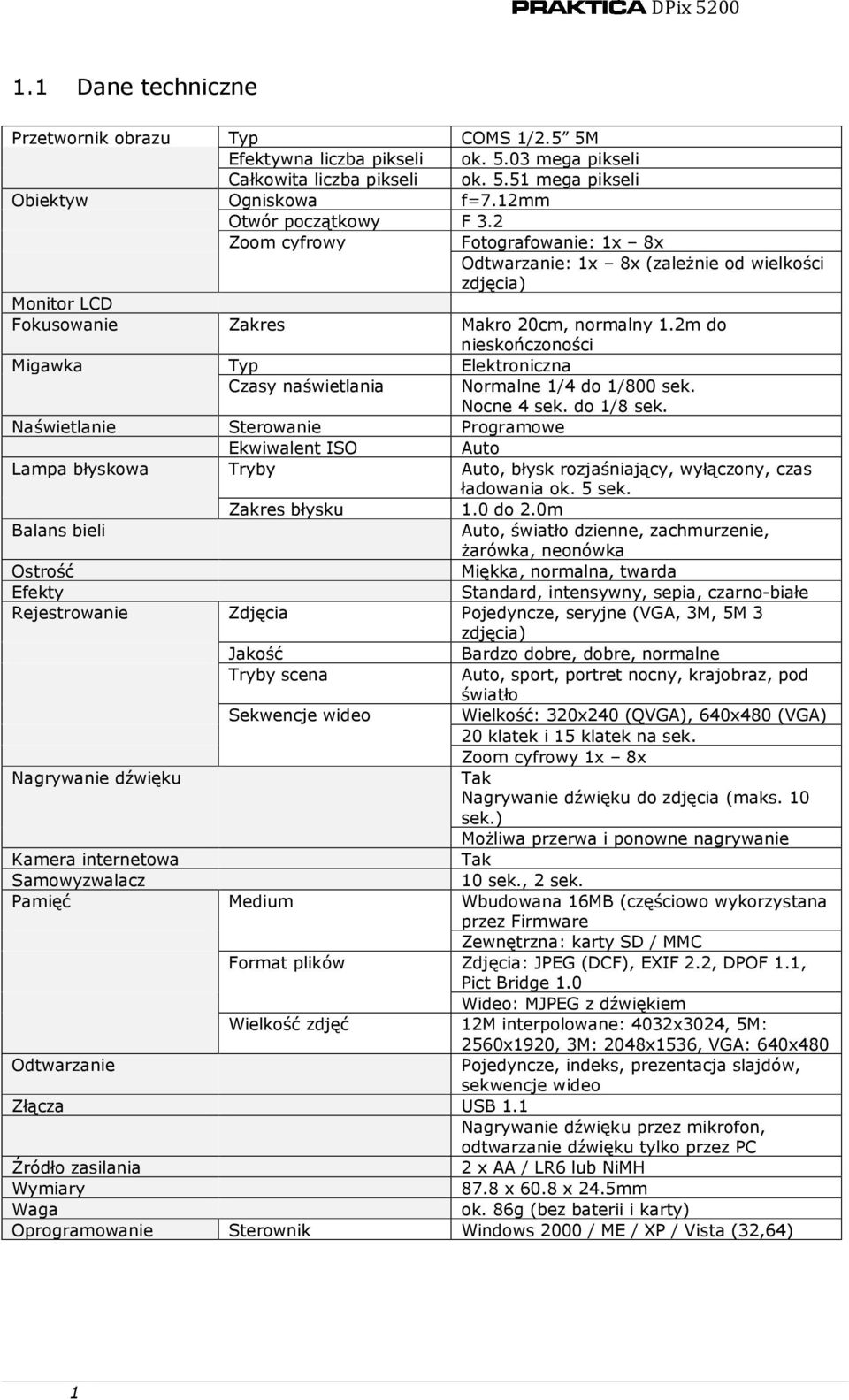 2m do nieskończoności Migawka Typ Elektroniczna Czasy naświetlania Normalne 1/4 do 1/800 sek. Nocne 4 sek. do 1/8 sek.