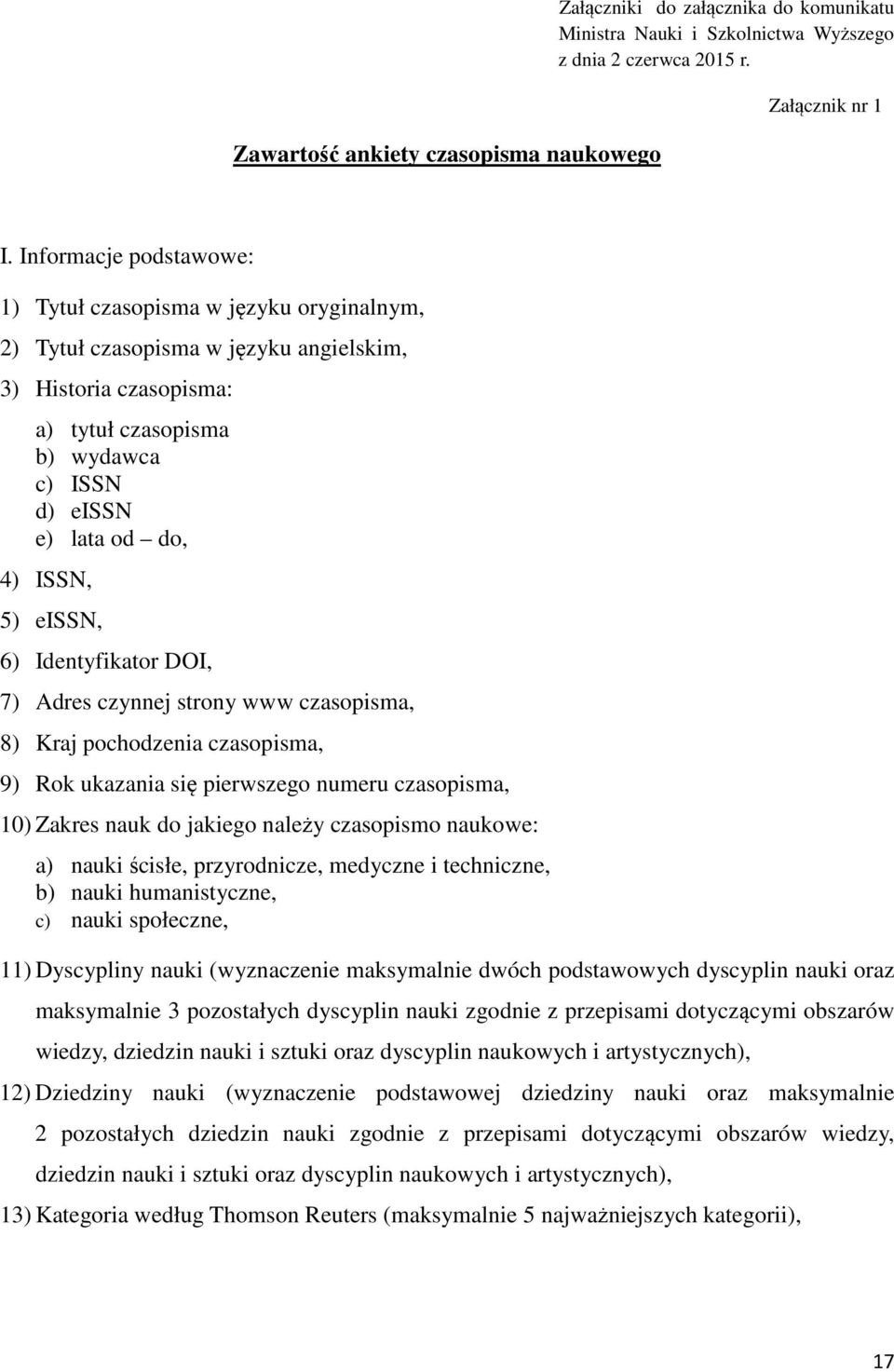 ISSN, 5) eissn, 6) Identyfikator DOI, 7) Adres czynnej strony www czasopisma, 8) Kraj pochodzenia czasopisma, 9) Rok ukazania się pierwszego numeru czasopisma, 10) Zakres nauk do jakiego należy