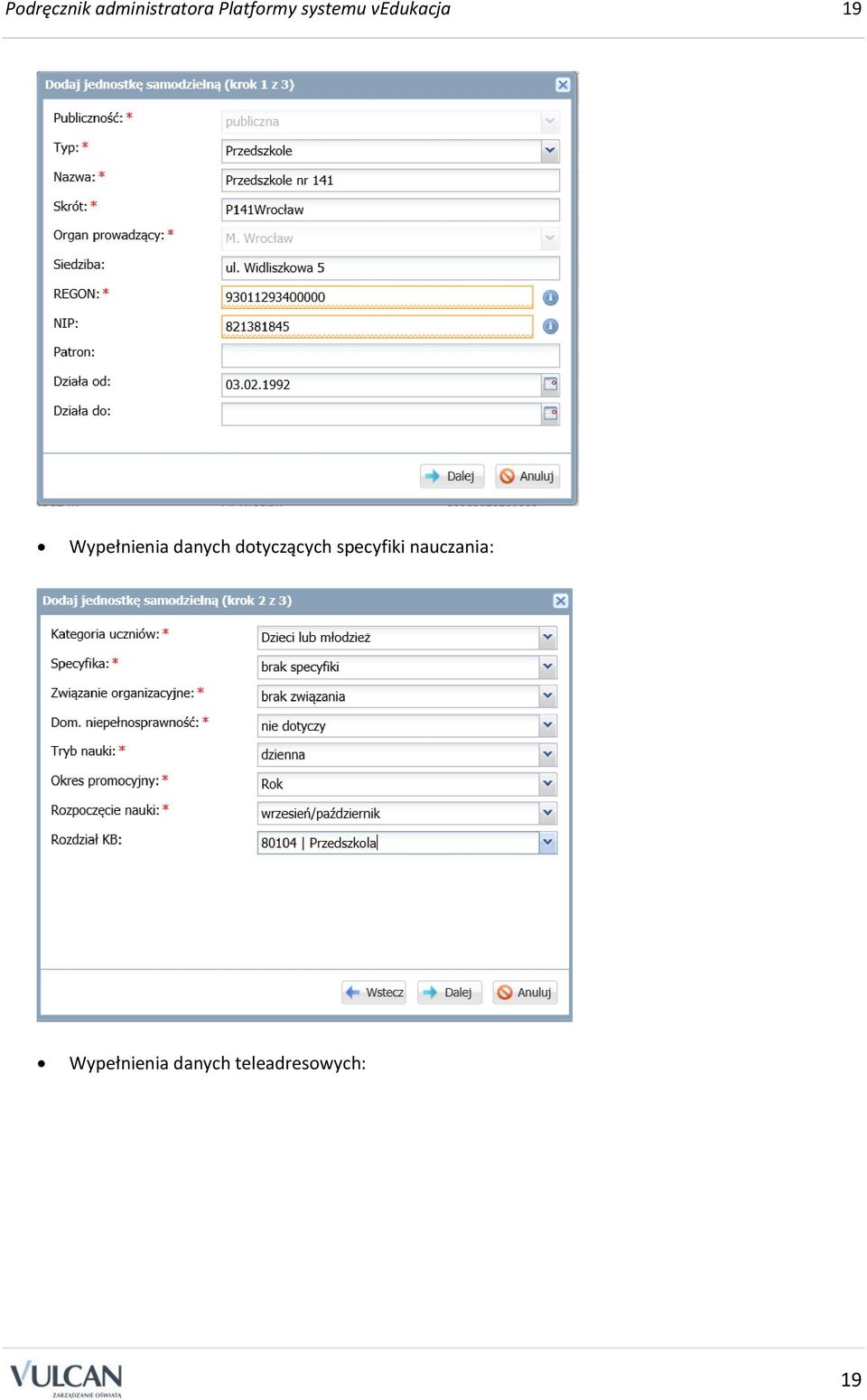 danych dotyczących specyfiki