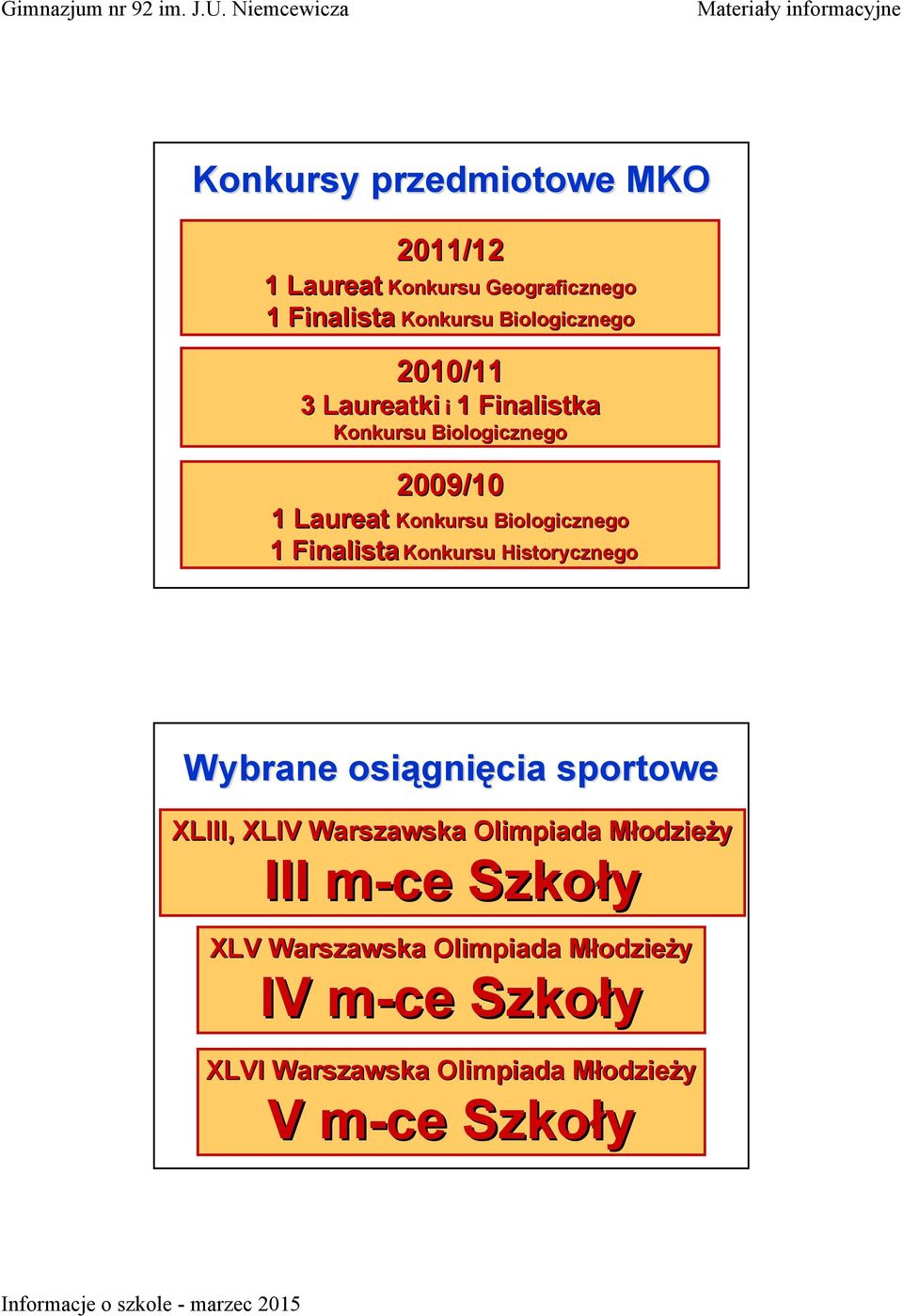 Historycznego Wybrane osiągni gnięcia sportowe XLIII, XLIV Warszawska Olimpiada MłodzieM odzieży III m-ce m