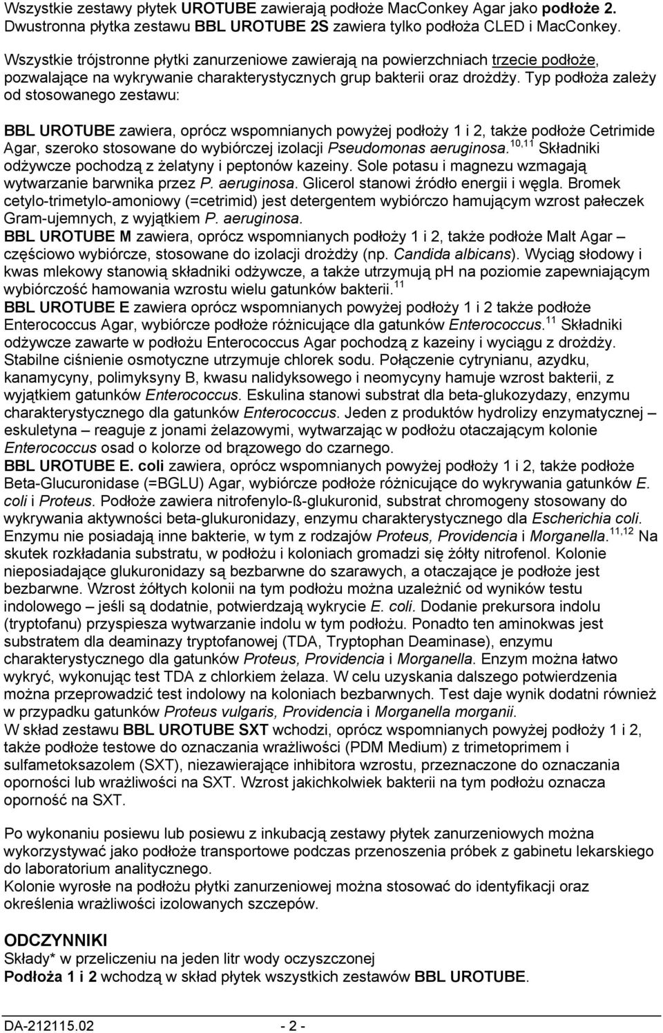 Typ podłoża zależy od stosowanego zestawu: BBL UROTUBE zawiera, oprócz wspomnianych powyżej podłoży 1 i 2, także Cetrimide Agar, szeroko stosowane do wybiórczej izolacji Pseudomonas aeruginosa.