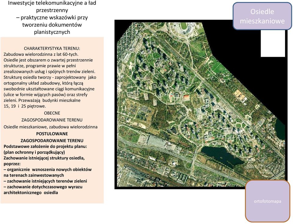 Strukturęosiedla tworzy -zaprojektowany jako ortogonalny układ zabudowy, którą łączą swobodnie ukształtowane ciągi komunikacyjne (ulice w formie wijących pasów) oraz strefy zieleni.