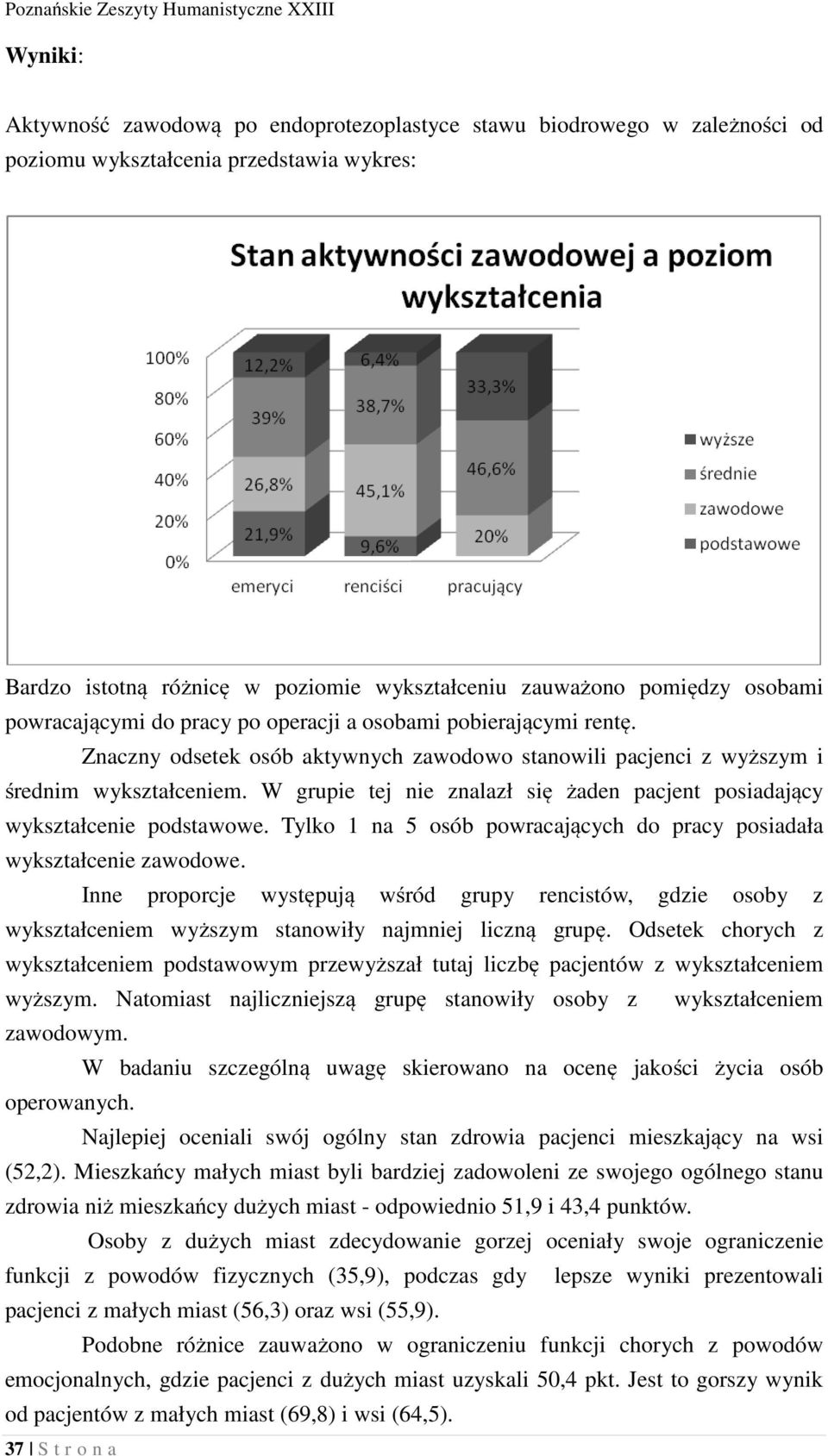 W grupie tej nie znalazł się żaden pacjent posiadający wykształcenie podstawowe. Tylko 1 na 5 osób powracających do pracy posiadała wykształcenie zawodowe.