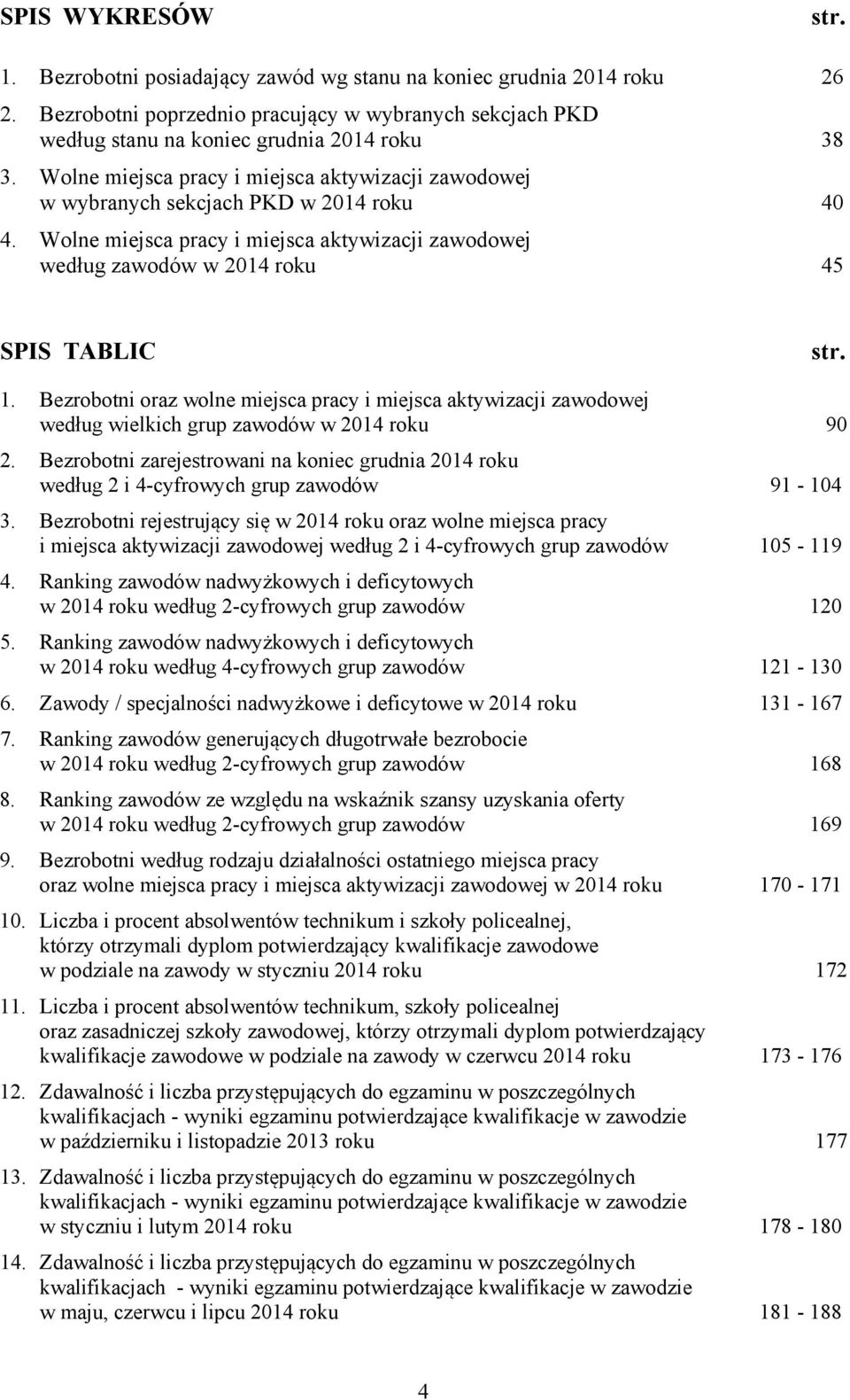 Bezrobotni oraz wolne miejsca pracy i miejsca aktywizacji zawodowej według wielkich grup w 2014 roku 90 2. Bezrobotni zarejestrowani na koniec grudnia 2014 roku według 2 i 4-cyfrowych grup 91-104 3.