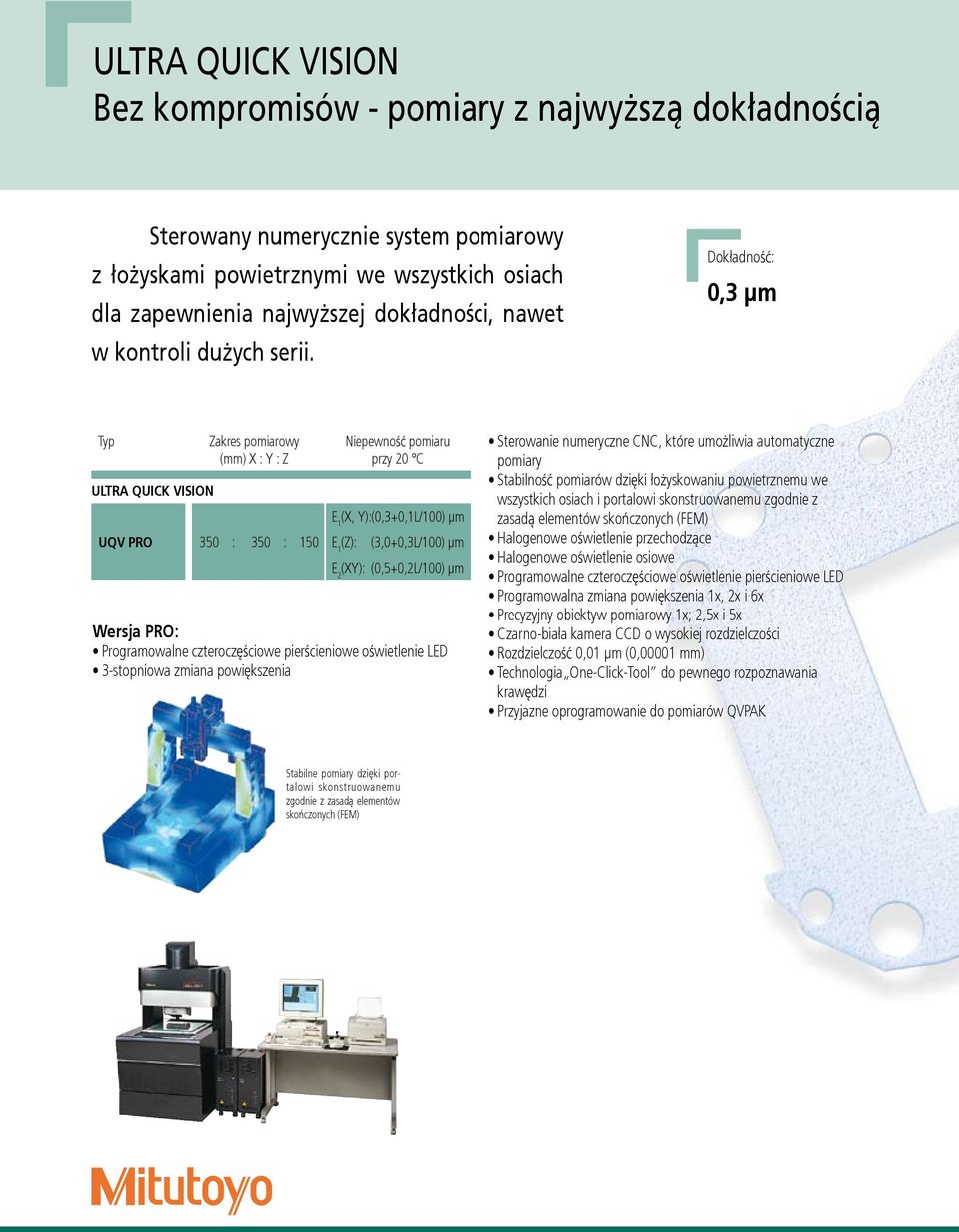 Dokładność: 0,3 µm Typ Zakres pomiarowy Niepewność pomiaru (mm) X : Y : Z przy 20 C ULTRA QUICK VISION E 1 (X, Y): (0,3+0,1L/100) µm UQV PRO 350 : 350 : 150 E 1 (Z): (3,0+0,3L/100) µm E 2 (XY):