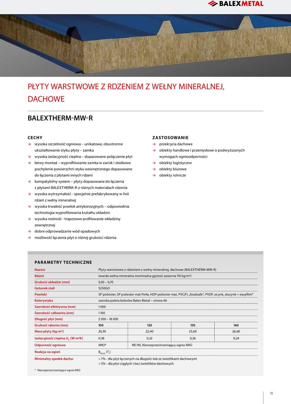 łączenia z płytami BALEXTHERM-R o różnych materiałach rdzenia wysoka wytrzymałość - specjalnie prefabrykowany w linii rdzeń z wełny mineralnej wysoka trwałość powłok antykorozyjnych odpowiednia