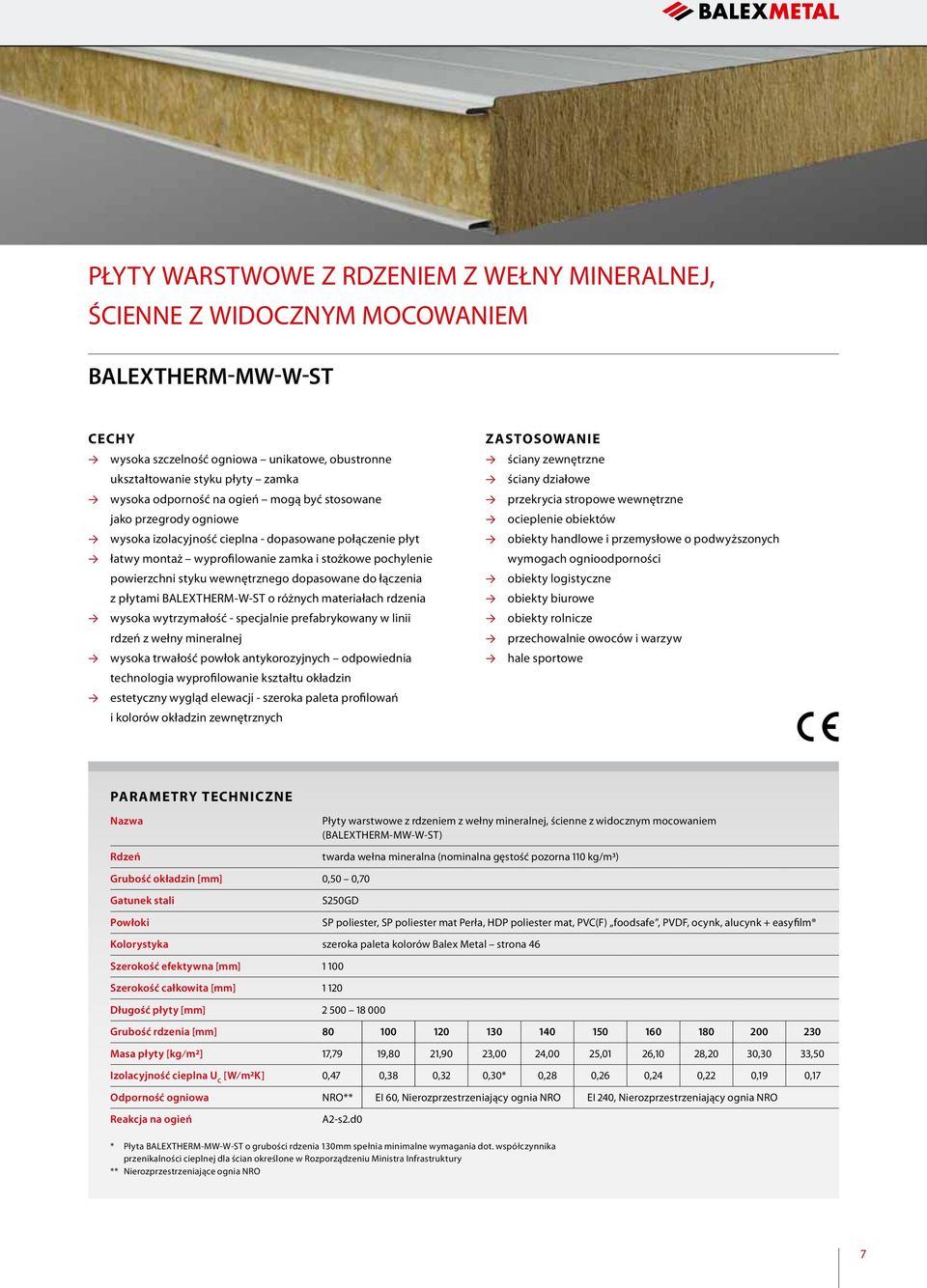 dopasowane do łączenia z płytami BALEXTHERM-W-ST o różnych materiałach rdzenia wysoka wytrzymałość - specjalnie prefabrykowany w linii rdzeń z wełny mineralnej wysoka trwałość powłok antykorozyjnych