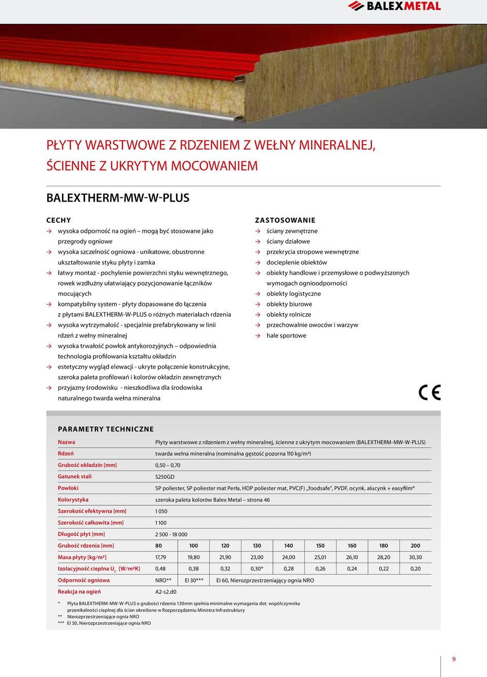 płyty dopasowane do łączenia z płytami BALEXTHERM-W-PLUS o różnych materiałach rdzenia wysoka wytrzymałość - specjalnie prefabrykowany w linii rdzeń z wełny mineralnej wysoka trwałość powłok