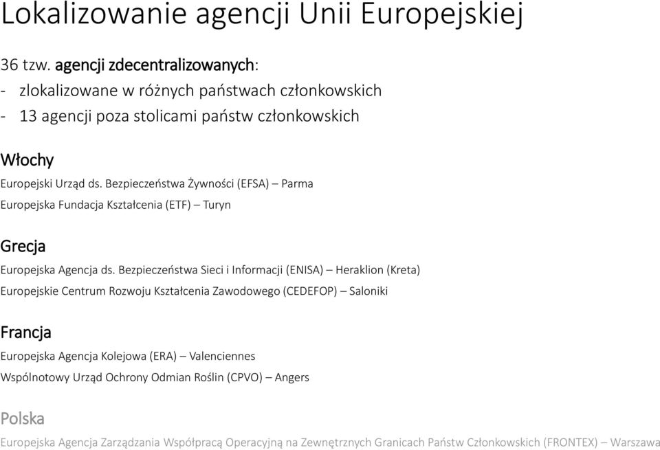 Bezpieczeństwa Żywności (EFSA) Parma Europejska Fundacja Kształcenia (ETF) Turyn Grecja Europejska Agencja ds.