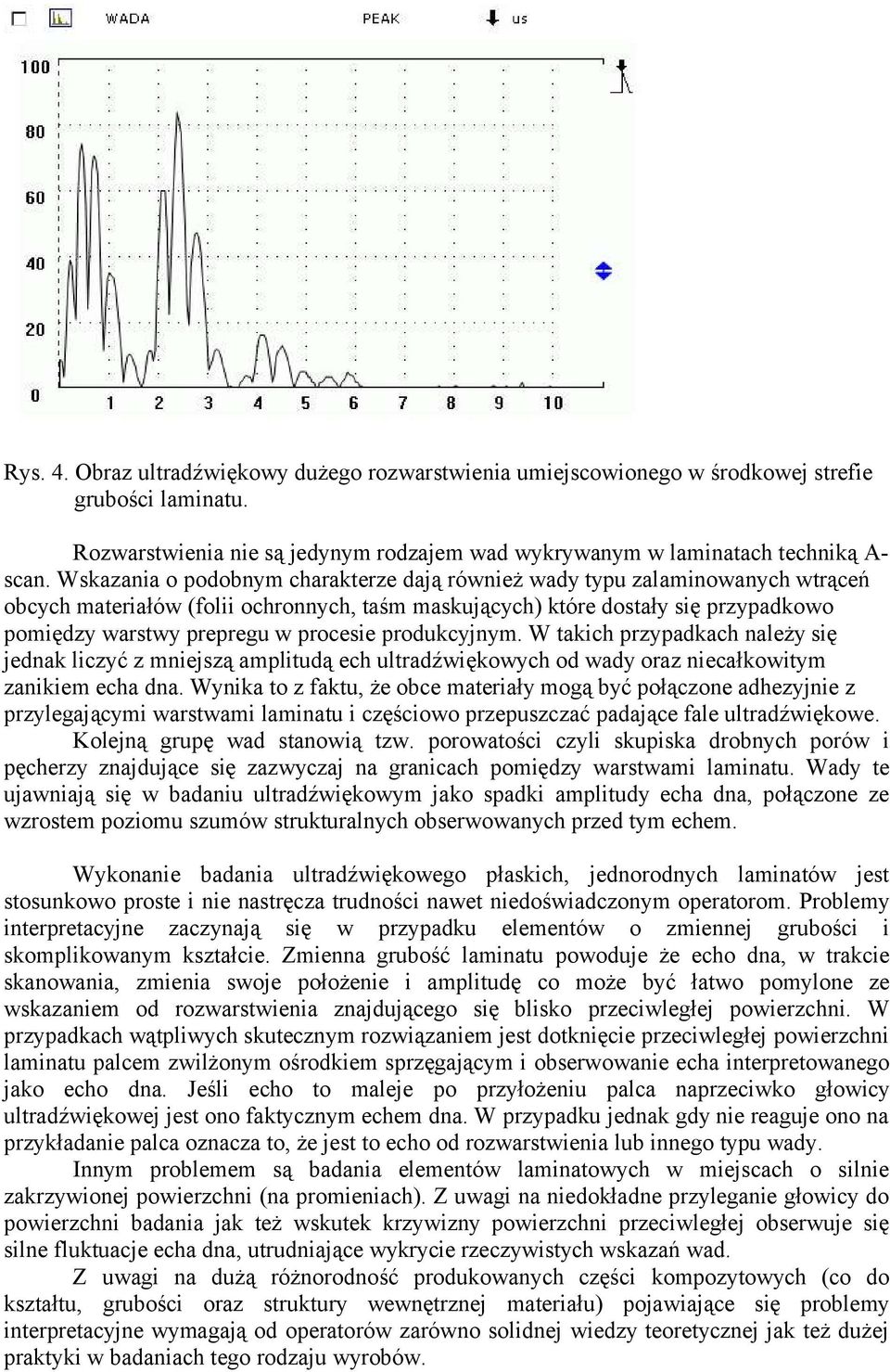 procesie produkcyjnym. W takich przypadkach należy się jednak liczyć z mniejszą amplitudą ech ultradźwiękowych od wady oraz niecałkowitym zanikiem echa dna.