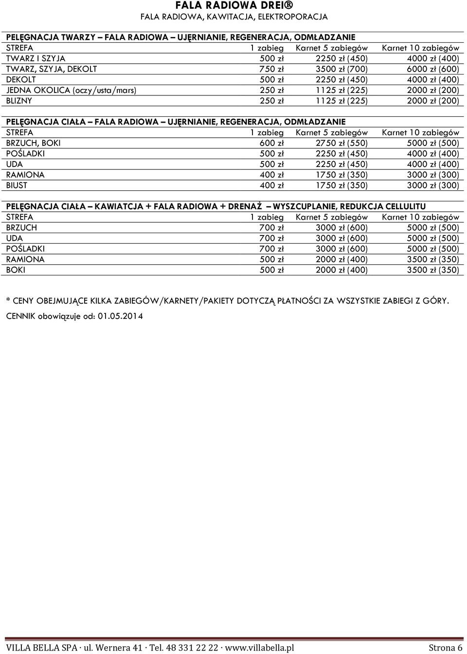 zł (200) PELĘGNACJA CIAŁA FALA RADIOWA UJĘRNIANIE, REGENERACJA, ODMŁADZANIE STREFA 1 zabieg Karnet 5 zabiegów Karnet 10 zabiegów BRZUCH, BOKI 600 zł 2750 zł (550) 5000 zł (500) POŚLADKI 500 zł 2
