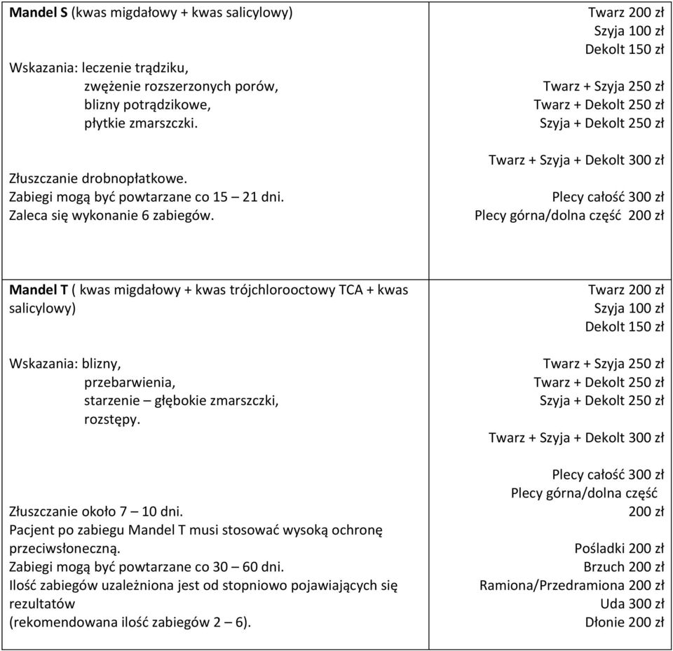 Mandel T ( kwas migdałowy + kwas trójchlorooctowy TCA + kwas salicylowy) Wskazania: blizny, przebarwienia, starzenie głębokie zmarszczki, rozstępy. Złuszczanie około 7 10 dni.