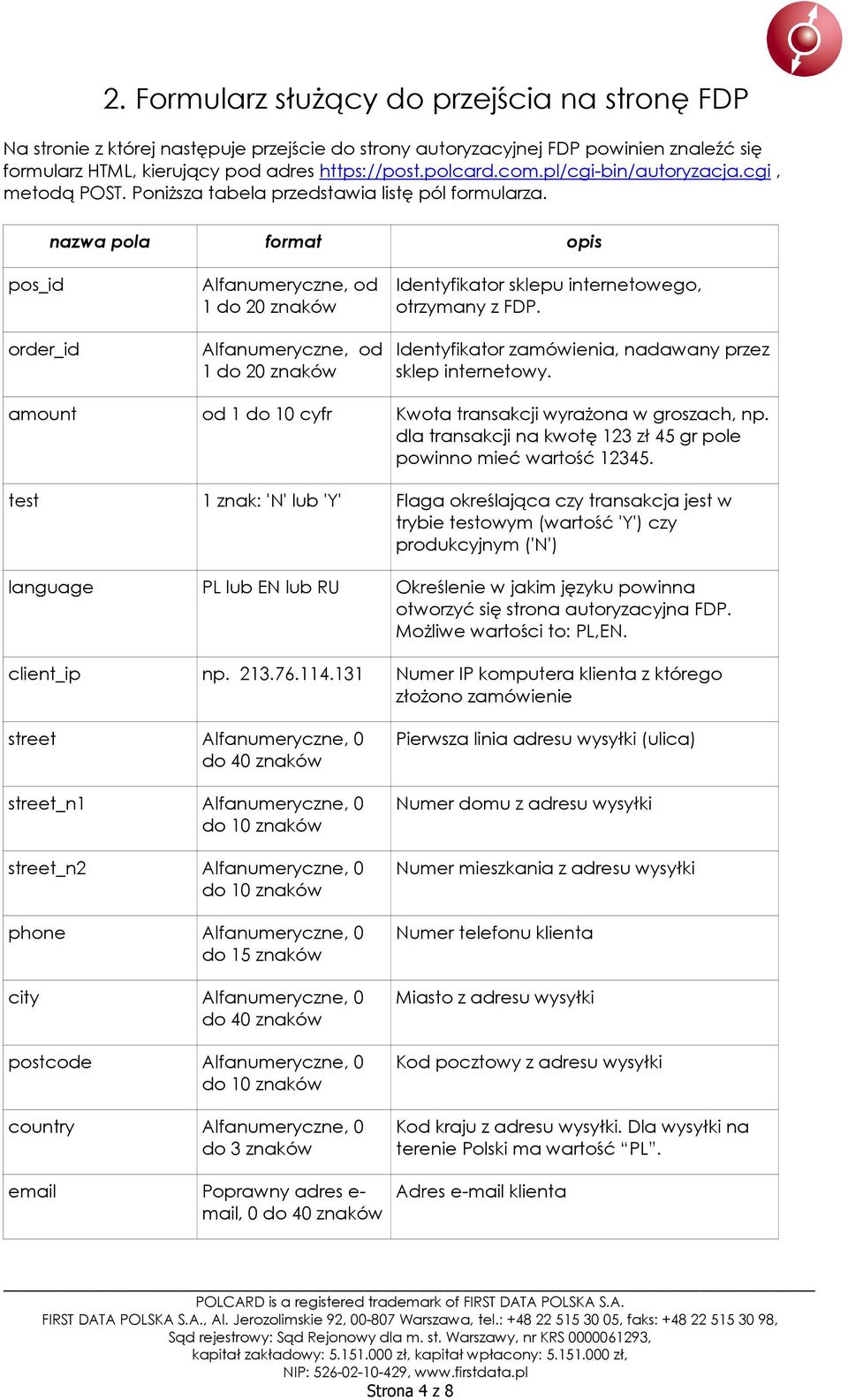 nazwa pola format opis pos_id order_id Alfanumeryczne, od 1 do 20 znaków Alfanumeryczne, od 1 do 20 znaków Identyfikator sklepu internetowego, otrzymany z FDP.