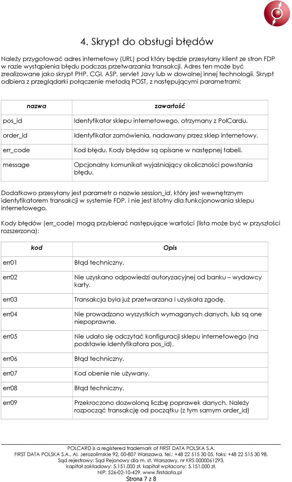 Skrypt odbiera z przeglądarki połączenie metodą POST, z następującymi parametrami: nazwa zawartość pos_id order_id err_code message Identyfikator sklepu internetowego, otrzymany z PolCardu.