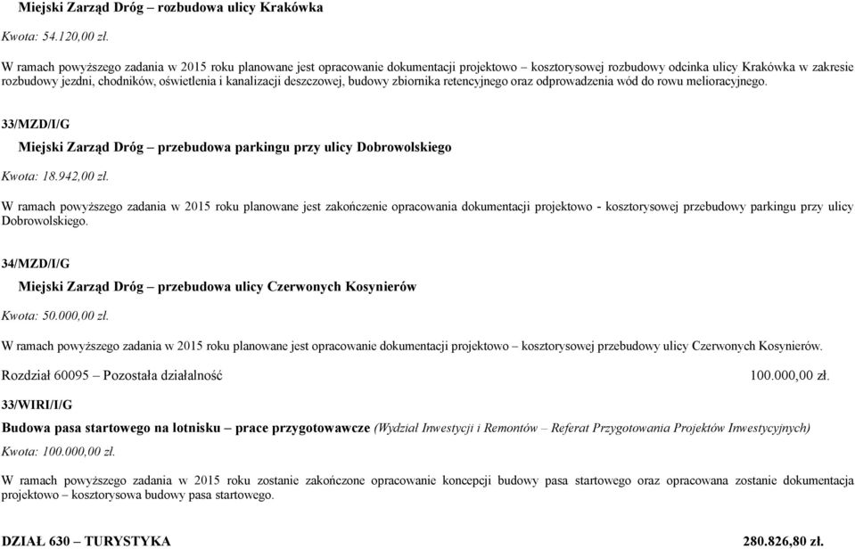 kanalizacji deszczowej, budowy zbiornika retencyjnego oraz odprowadzenia wód do rowu melioracyjnego. 33/MZD/I/G Miejski Zarząd Dróg przebudowa parkingu przy ulicy Dobrowolskiego Kwota: 18.942,00 zł.