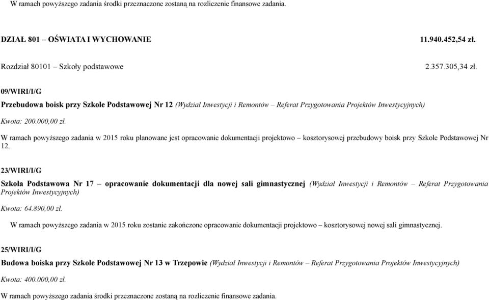 W ramach powyższego zadania w 2015 roku planowane jest opracowanie dokumentacji projektowo kosztorysowej przebudowy boisk przy Szkole Podstawowej Nr 12.