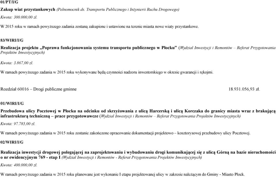 83/WIRI/I/G Realizacja projektu Poprawa funkcjonowania systemu transportu publicznego w Płocku (Wydział Inwestycji i Remontów Referat Przygotowania Projektów Inwestycyjnych) Kwota: 3.867,00 zł.