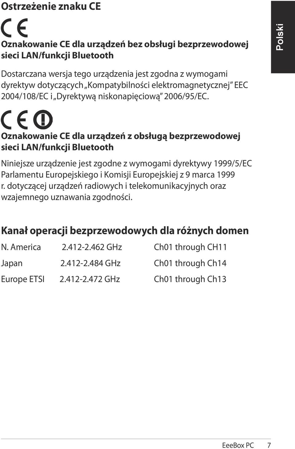 Oznakowanie CE dla urządzeń z obsługą bezprzewodowej sieci LAN/funkcji Bluetooth Niniejsze urządzenie jest zgodne z wymogami dyrektywy 1999/5/EC Parlamentu Europejskiego i Komisji