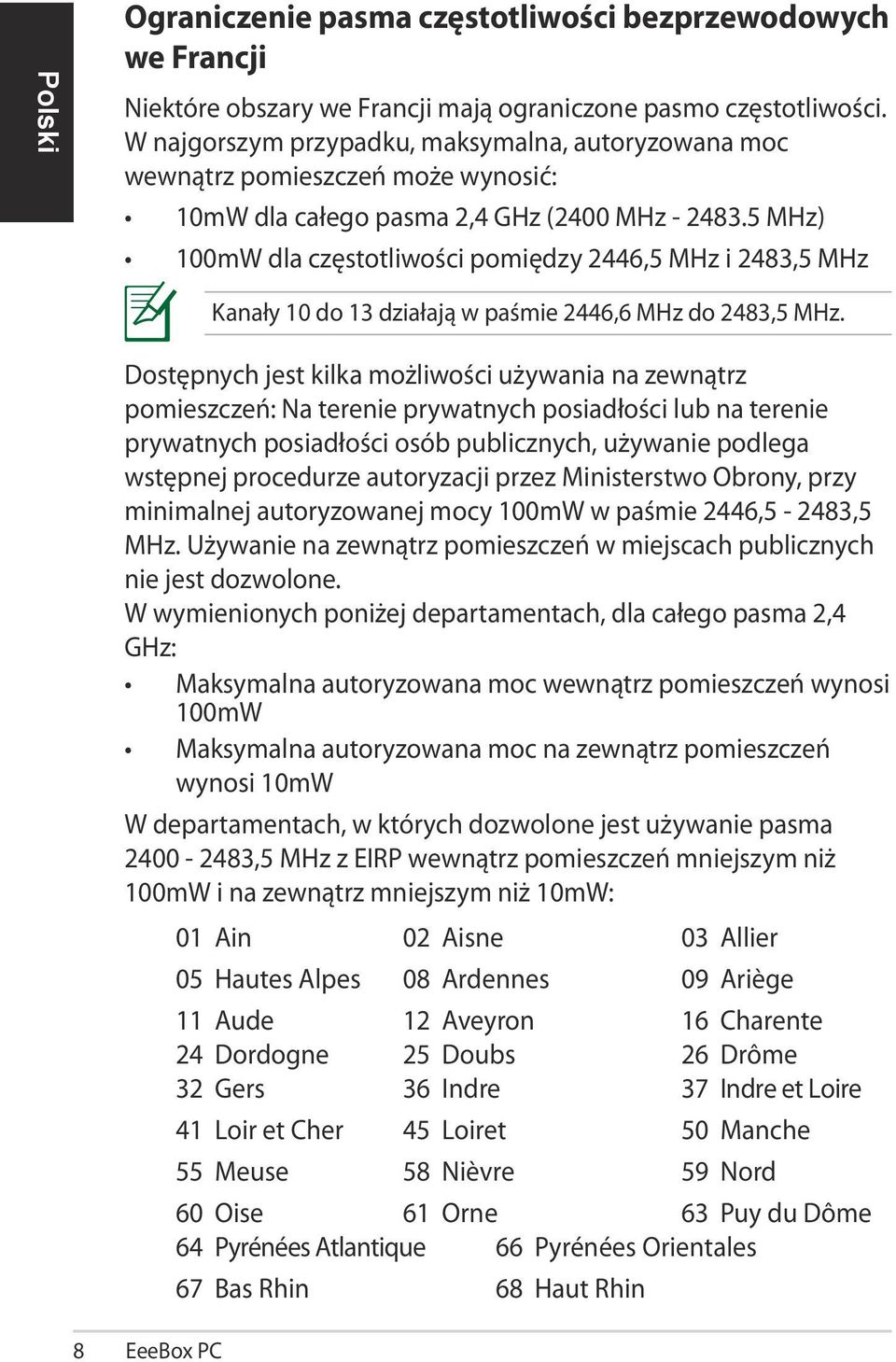 5 MHz) 100mW dla częstotliwości pomiędzy 2446,5 MHz i 2483,5 MHz Kanały 10 do 13 działają w paśmie 2446,6 MHz do 2483,5 MHz.