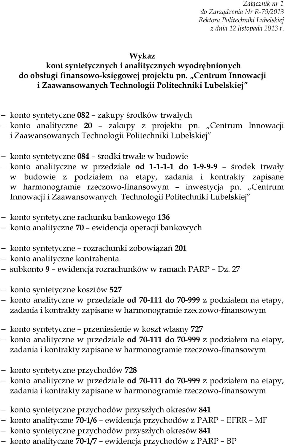 Centrum Innowacji i Zaawansowanych Technologii Politechniki Lubelskiej konto syntetyczne 084 środki trwałe w budowie konto analityczne w przedziale od 1-1-1-1 do 1-9-9-9 środek trwały w budowie z