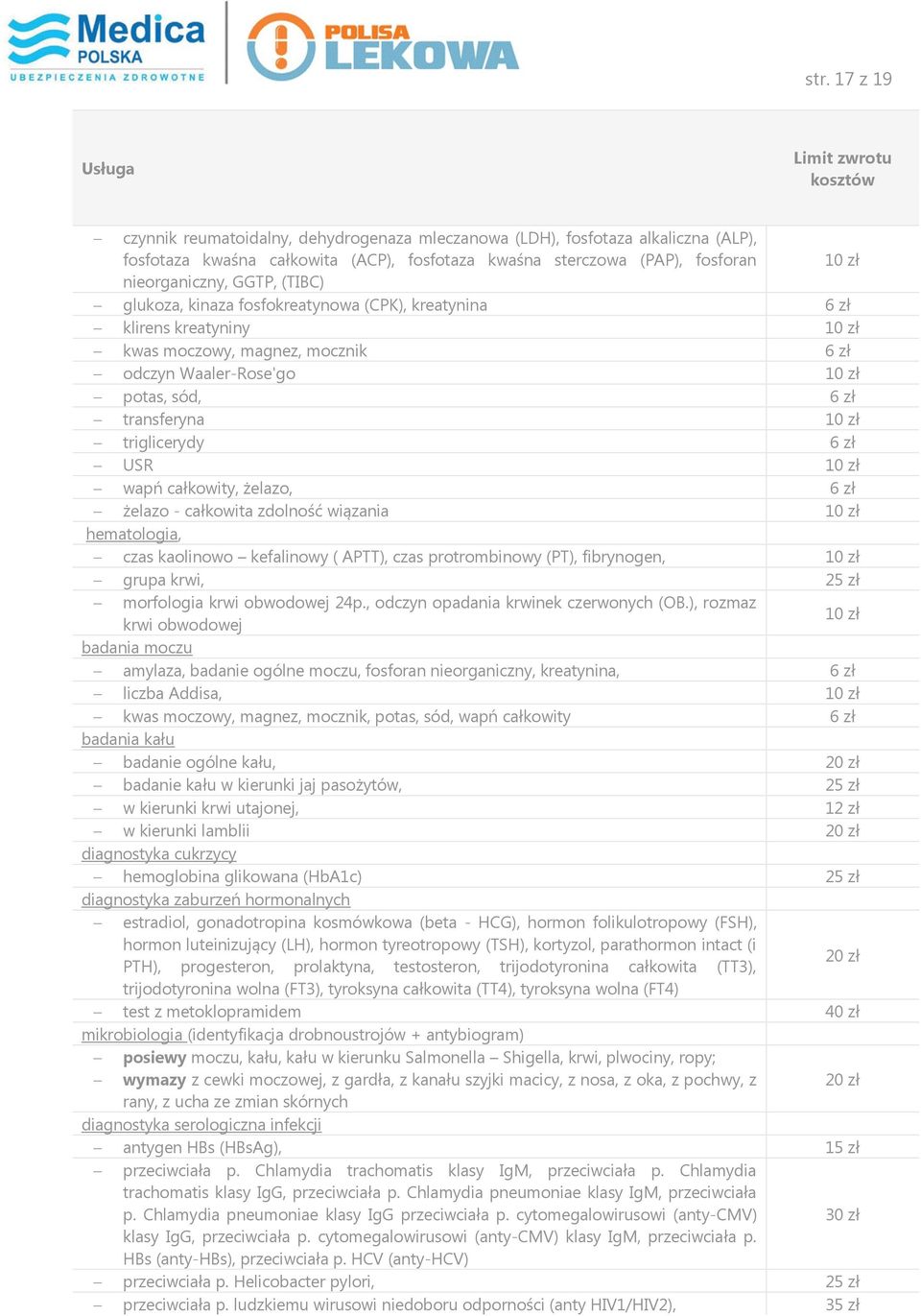 zł transferyna 10 zł triglicerydy 6 zł USR 10 zł wapń całkowity, żelazo, 6 zł żelazo - całkowita zdolność wiązania 10 zł hematologia, czas kaolinowo kefalinowy ( APTT), czas protrombinowy (PT),